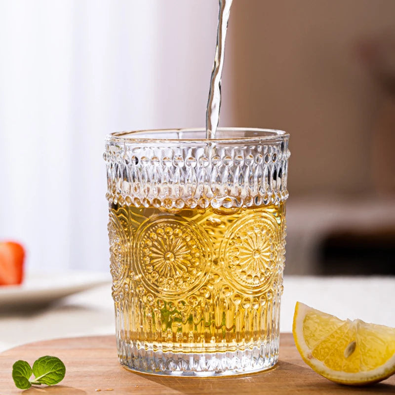 4 pz/2 pz/1 pz stile nordico tazza di acqua di girasole 300ml/350ml Retro Relief tazza di vetro francese bevanda fredda tazze trasparente tazza di succo