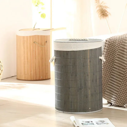 Cesto per Bucato Pieghevole di Grande Capacità, Contenitore in Bambù Rotondo per Organizzare Vestiti, Cesto Compatto per la Casa