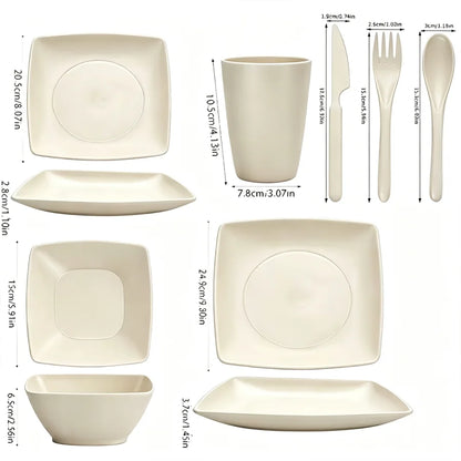 Set di posate quadrato color bianco sporco da 8 pezzi, composto da un piatto quadrato, una ciotola quadrata, una tazza, un coltello, una forchetta, un cucchiaio e una scatola per posate—per l'uso quotidiano.
