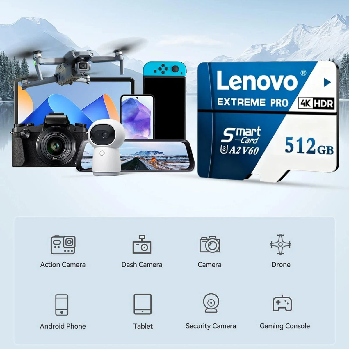Scheda Micro SD Lenovo 1TB Extreme Pro, scheda di memoria ad alta velocità U3 V60 4K Full HD, 128GB, 256GB, 512GB, schede TF Flash per smartphone e droni.