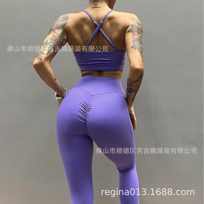 Reggiseno sportivo leggero a V profonda e sexy, pantaloni yoga a vita alta modellanti e scollati da donna