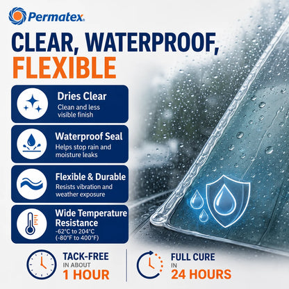 Permatex 81730 Sigillante Siliconico Fluido Trasparente Impermeabile per Parabrezza Auto, Riparazione Perdite Finestrini, Tettuccio e Fari