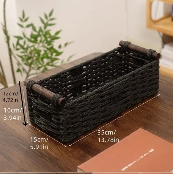 Cesto portaoggetti in legno massello con manico in corda di carta intrecciata in stile forestale, organizer per la cura del bagno e del lavabo, cesti da ripiano