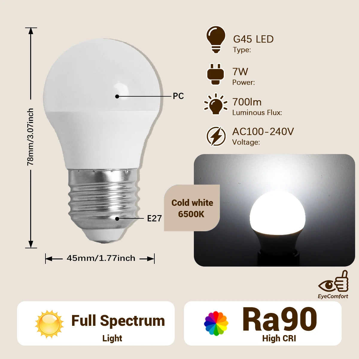 Lampadina LED G45 a spettro completo con attacco E14 E27, indice di resa cromatica CRI90, protezione per gli occhi, lampadina decorativa per illuminazione ambientale interna