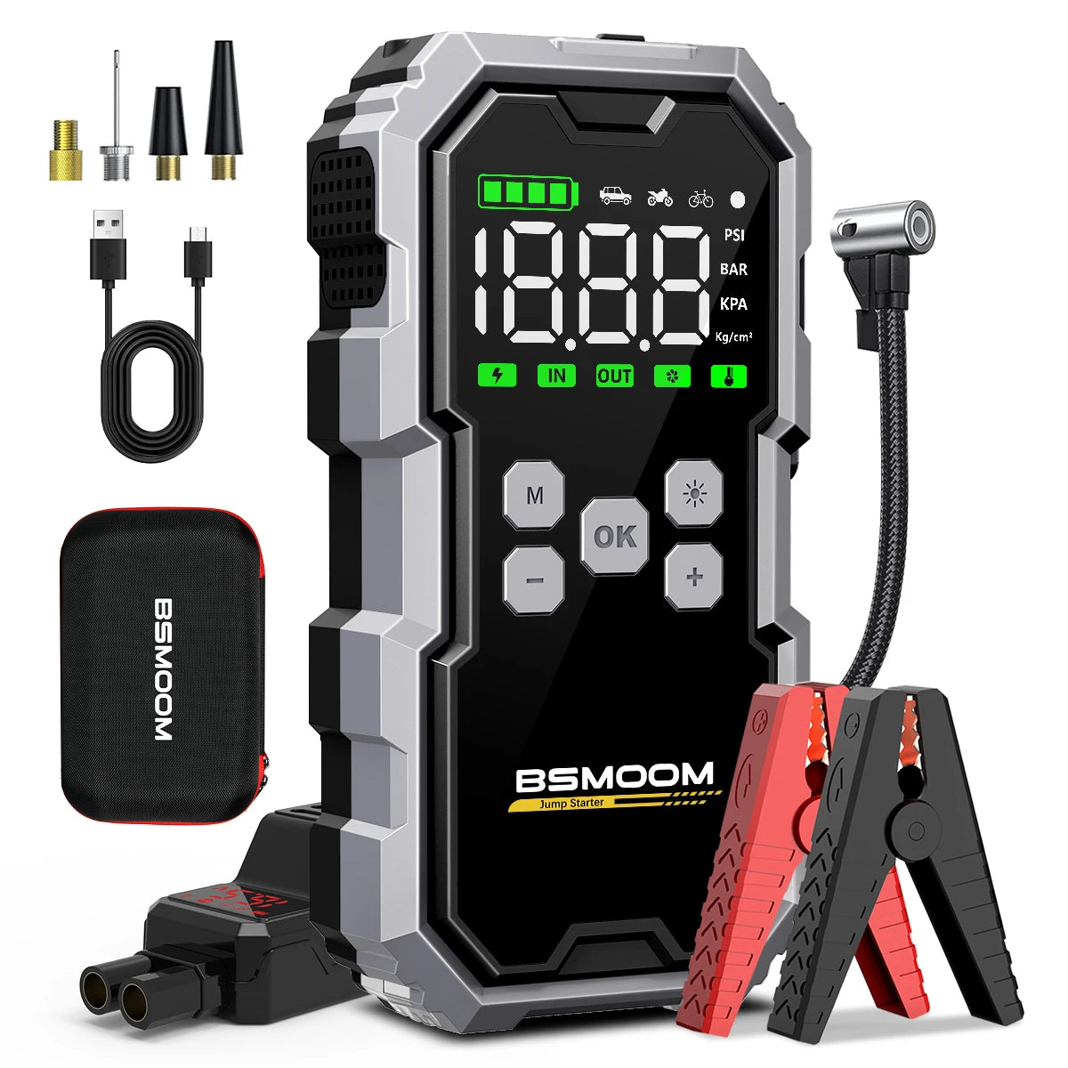 Avviatore di Emergenza Portatile per Auto 1500A, Compressore d'Aria 150PSI 26800mAh/21800mAh, Power Bank con Pompa d'Aria per Gonfiaggio Pneumatici, Avviatore di Emergenza per Auto, Avvia Rapidamente l'Auto, Ingresso/Uscita U