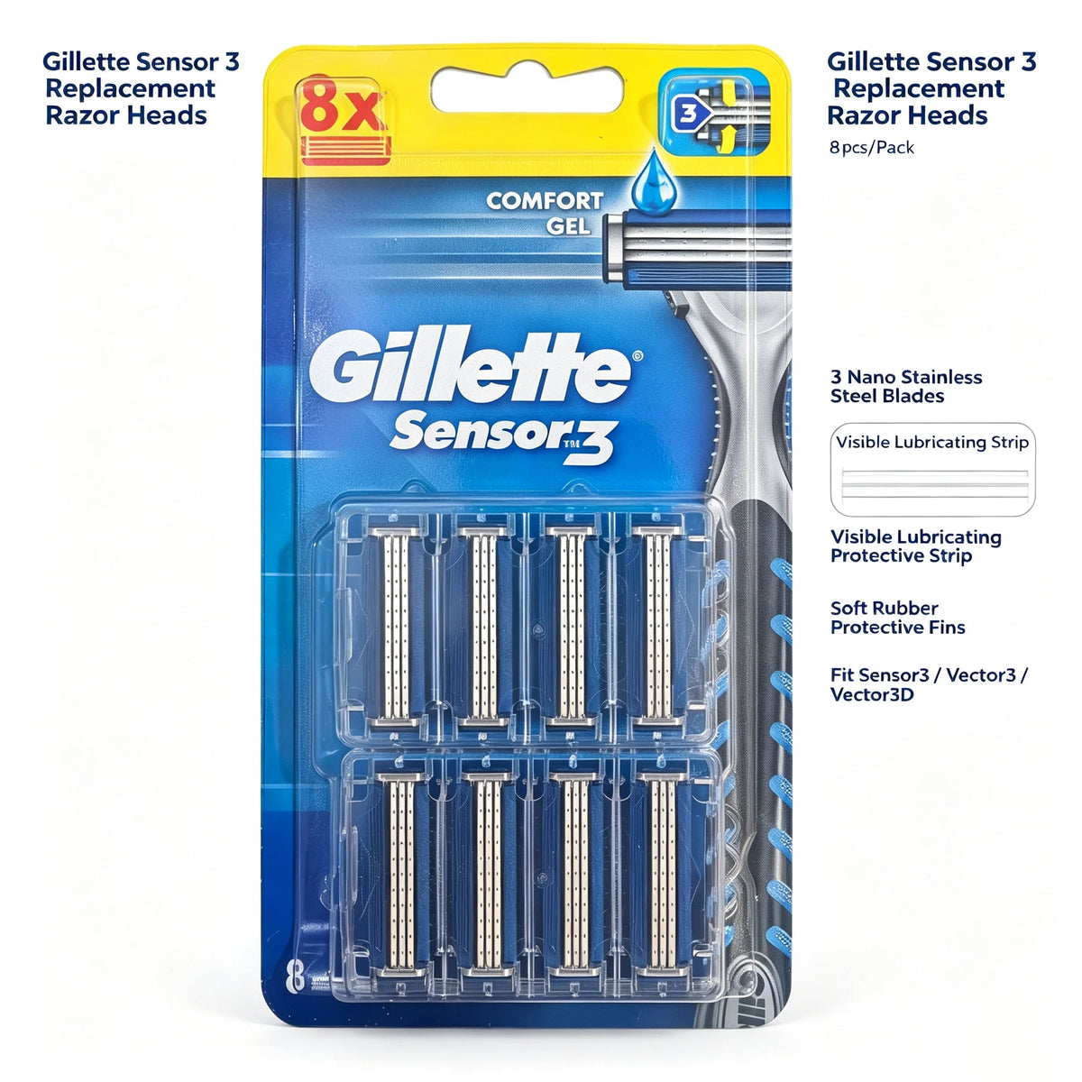 Testine di ricambio per rasoio Gillette Sensor 3, 8 pezzi, lame a 3 strati in acciaio inossidabile nano con striscia lubrificante per Sensor3 Vector3