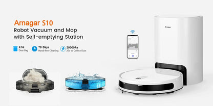 Arnagar S10 Robot Aspirapolvere e Lavapavimenti Intelligente con Telecomando, Svuotamento Automatico, Controllo tramite App, 12000Pa, Vslam, 5200Mah, Basso Rumore per Tappeti