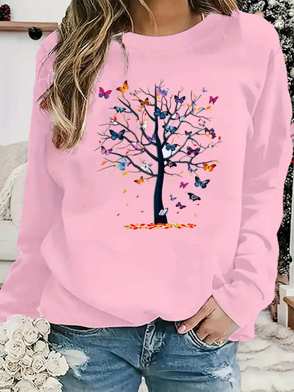 Maglione da donna, ideale per l’autunno e l’inverno, dal taglio ampio e confortevole, caldo, con stampa a motivi di farfalle e alberi, scollo rotondo e maniche lunghe.