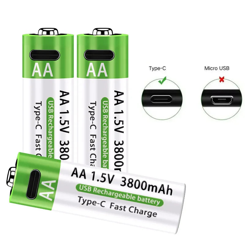 Nuove Batterie al Litio Ricaricabili AA 1.5V 3800mAh + AAA 3000mAh, Ricarica Rapida, 1200 Cicli, con Cavi Gratuiti e Scatola