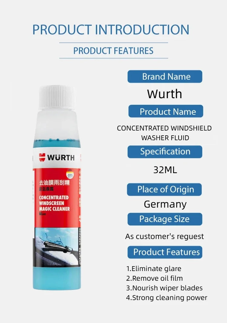 Liquido Lavavetri Concentrato Wurth 1:100, Detergente per Vetri Auto, Rimuovi Pellicola Oleosa e Residui di Insetti, Additivo per Tergicristalli 32ml