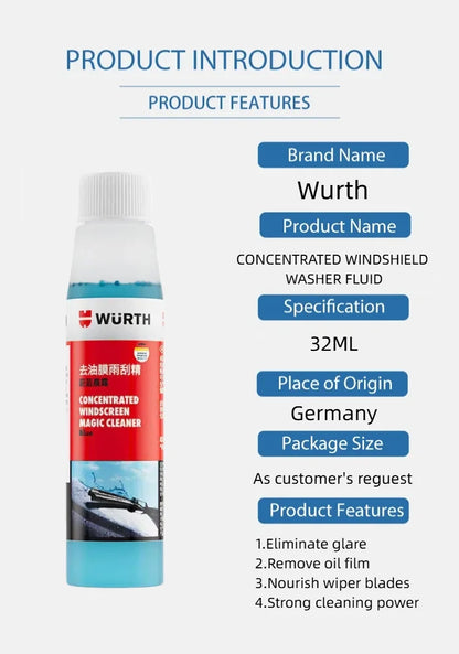 Liquido Lavavetri Concentrato Wurth 1:100, Detergente per Vetri Auto, Rimuovi Pellicola Oleosa e Residui di Insetti, Additivo per Tergicristalli 32ml
