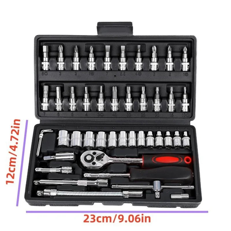 1 Set di 46 Pezzi per Riparazione Auto, Cassetta degli Attrezzi con Chiave a Cricchetto, Kit di Riparazione con Bussole per Manutenzione Auto, Kit di Ferramenta, Kit Multifunzionale per Riparazione Auto