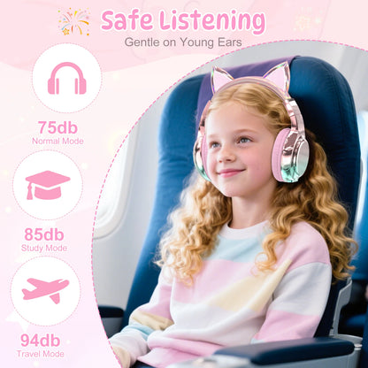 Cuffie wireless a forma di orecchie di gatto per ragazze e bambini, cuffie Bluetooth con volume sicuro 74/85/94dB, cuffie pieghevoli per bambini, ideali per i viaggi