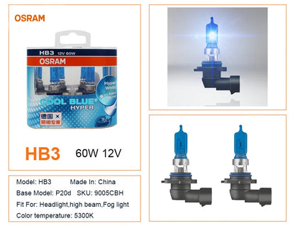 OSRAM H7 H4 H1 H11 HB3 9005 HB4 9006 Lampadina Alogena per Fari Auto, Luce Abbagliante/Anabbagliante 5300K 12V 55W, Bianco Hyper Cool Blue (2 Pezzi)