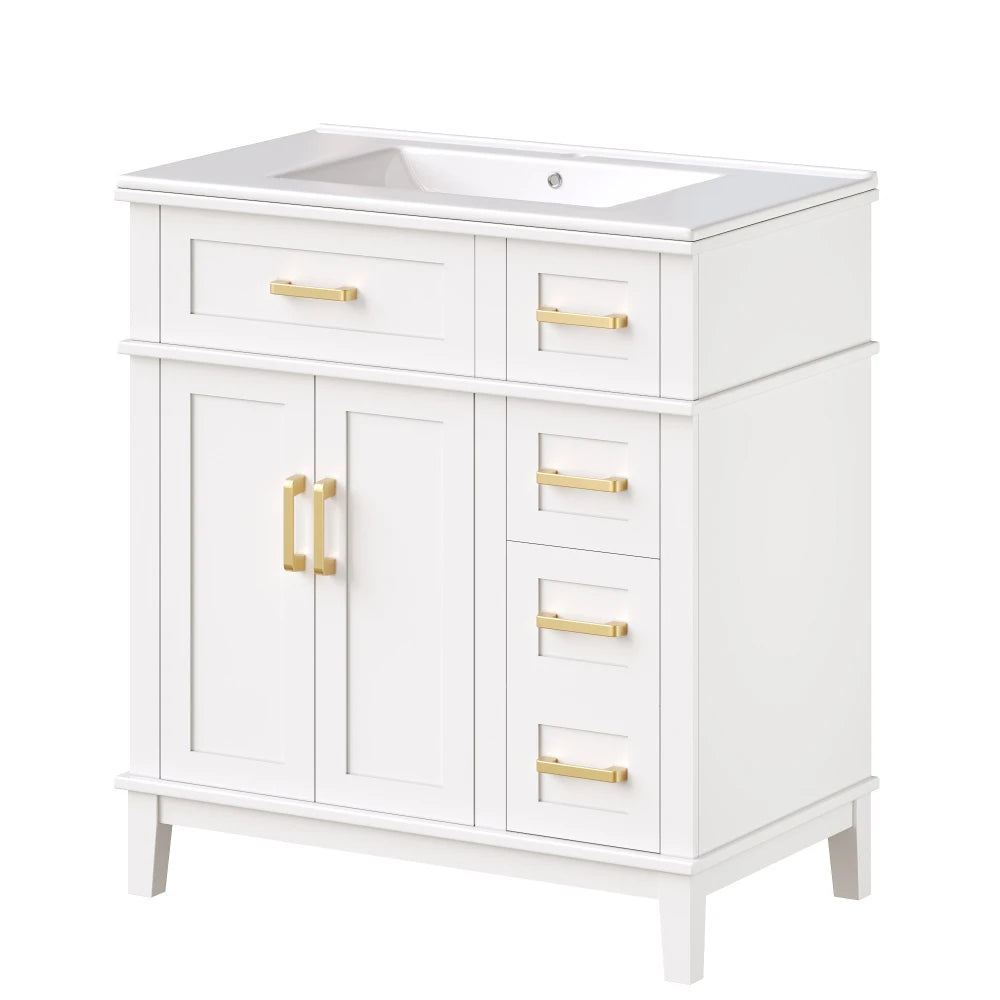 Mobile bagno moderno 76x86x46,5 cm con lavabo in ceramica integrato, mobiletto a cassetti autoportante con ampio spazio contenitivo, dotato di chiusura ammortizzata silenziosa e protezione dal troppo pieno del lavabo, elegant