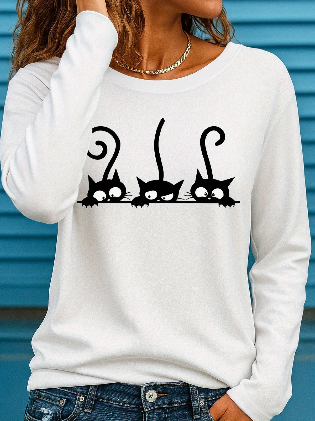 T-shirt da donna in 100% puro cotone, ideale per la primavera e l'autunno, comoda, casual, alla moda, con maniche lunghe, stampa grafica a tema felino e scollo rotondo.