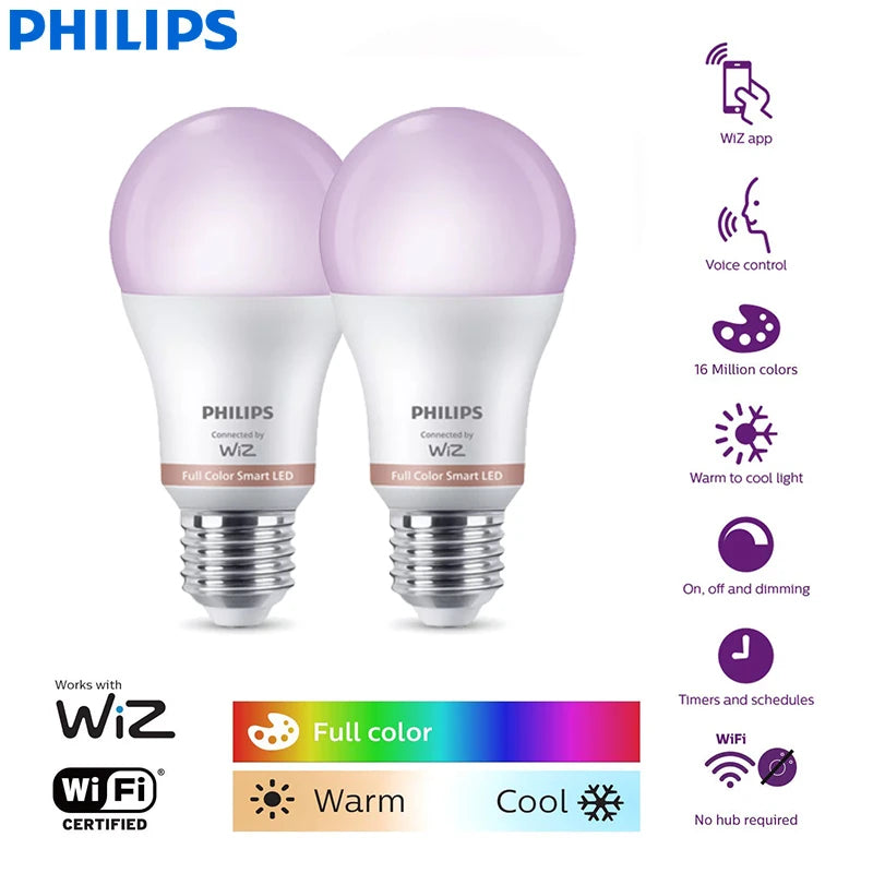 Philips 2PCS LED Smart E27 Lampadine WiZ 8.5W Wi-Fi e Bluetooth 220-240V Full Color EyeComfort Luce smerigliata dimmerabile A Lampade
