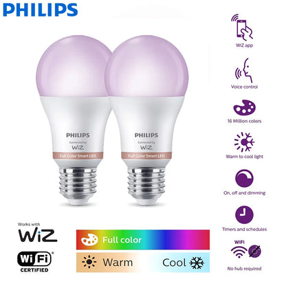 Philips 2PCS LED Smart E27 Lampadine WiZ 8.5W Wi-Fi e Bluetooth 220-240V Full Color EyeComfort Luce smerigliata dimmerabile A Lampade