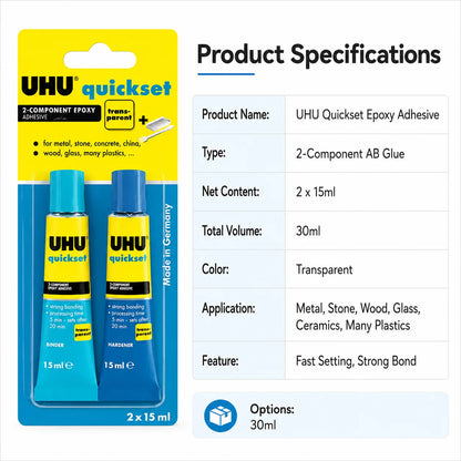Adesivo Epossidico UHU Quickset 30ml Trasparente Colla Bicomponente AB ad Asciugatura Rapida per Riparazioni di Metallo, Ceramica, Vetro e Plastica