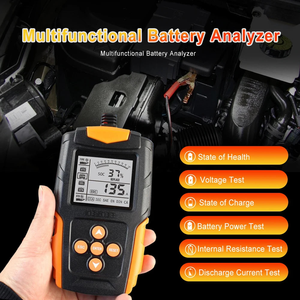 Tester Batteria Auto Podofo 12V 24V LCD Digitale, Analizzatore di Avviamento e Ricarica Veicoli, Strumento di Test per Rilevare Resistenza Interna IR, Tensione, Corrente di Scarica, Capacità, SOH, Durata per Auto, Moto, Cami