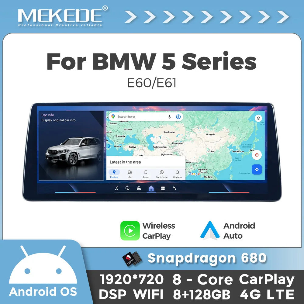 Mekede 10.25/12.3 pollici QLED Android 14 Snapdragon 128GB ROM CarPlay Wireless Auto Multimedia per BMW Serie 5 E60 E61 E62 E63 E64 Sistema CCC CIC Navigazione GPS Doppio BT 4G WiFi DSP