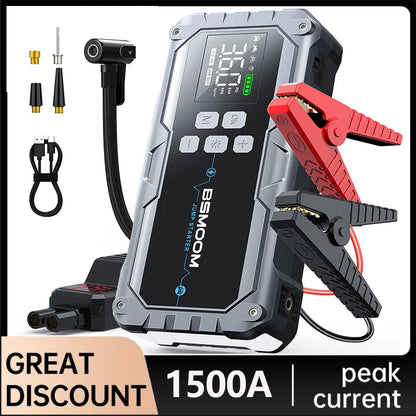 Avviatore di Emergenza Portatile per Auto 1500A, Compressore d'Aria 150PSI 26800mAh/21800mAh, Power Bank con Pompa d'Aria per Gonfiaggio Pneumatici, Avviatore di Emergenza per Auto, Avvia Rapidamente l'Auto, Ingresso/Uscita U