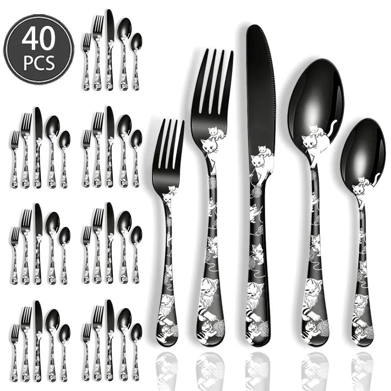 Set di posate in acciaio inossidabile con incisione laser Rose Cat, 4/15/25/40 pezzi, coltello, forchetta, cucchiaio, per coppie, stoviglie per feste