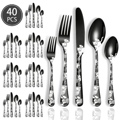Set di posate in acciaio inossidabile con incisione laser Rose Cat, 4/15/25/40 pezzi, coltello, forchetta, cucchiaio, per coppie, stoviglie per feste