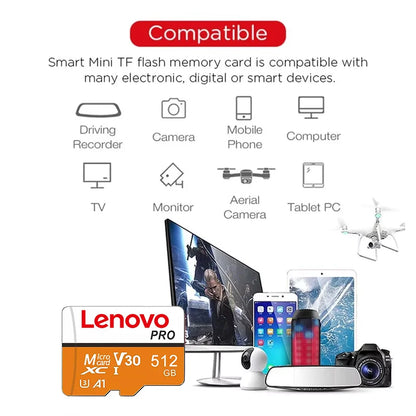 Scheda di memoria Micro SDXC Lenovo ad alta velocità, disponibile nelle versioni da 512 GB, 256 GB, 1024 GB e 128 GB, standard UHS-I V30 U3, per la registrazione di video in 4K e per fotocamere di droni.
