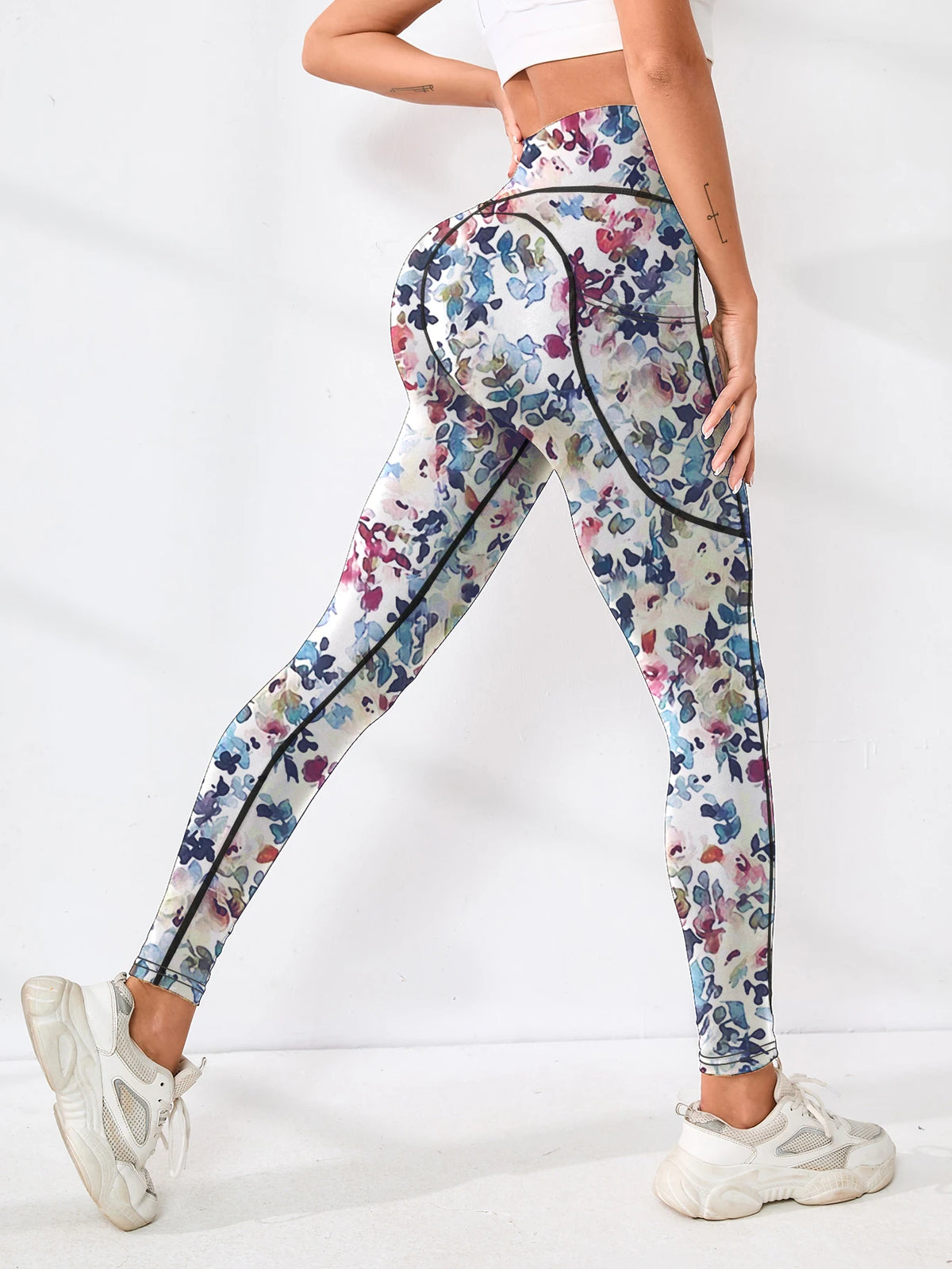 Pantaloni fitness da donna con tasca a vita alta stampati abbinati a pantaloni da yoga addominali attillati, adatti per correre, escursioni e sp