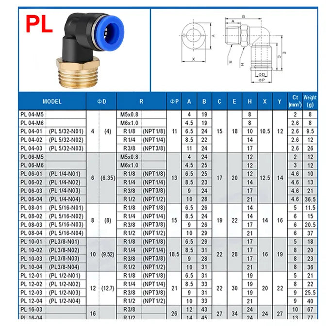 Set di 5 connettori pneumatici a gomito con filettatura maschio da 1/8', 1/4', 3/8', 1/2' per tubi dell'aria da 4/6/8/10/12 mm