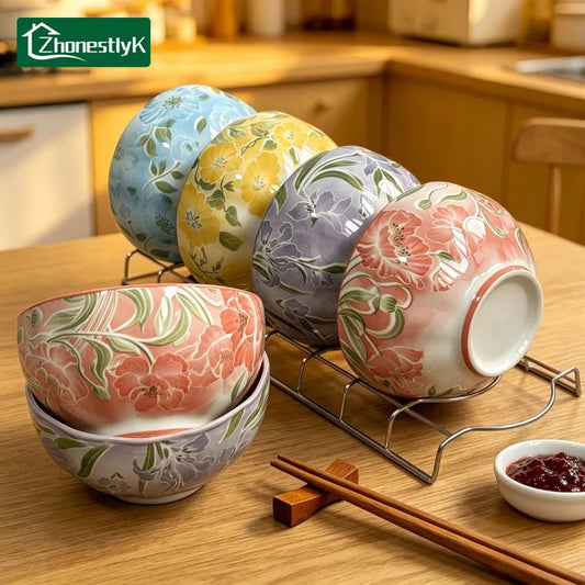 Set di 4 Ciotole in Ceramica con Motivi Floreali per Tutte le Stagioni, Ciotole Anti-scottatura per Zuppa, Noodle e Ramen, Stoviglie per Casa e Cucina