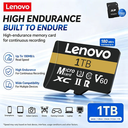Scheda di memoria Lenovo ad alta velocità, 256 GB, 512 GB, classe 10, UHS-I, MicroSDXC, 1 TB, 128 GB, per droni DJI e fotocamere GoPro Hero, ideale per riprese in 4K.