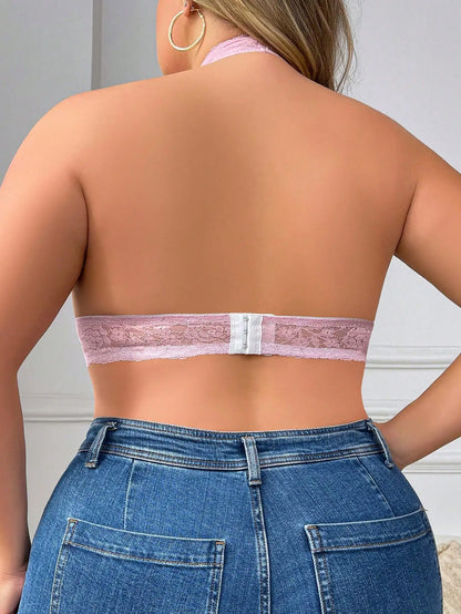 Collo sexy da donna appeso taglie forti Lingerie fiore rosa pizzo push up reggiseno senza cuciture reggiseno casual quotidiano HR2633