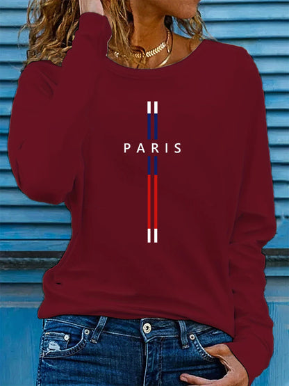 T-shirt da donna in 100% puro cotone, ideale per la primavera e l’autunno, comoda, casual, a maniche lunghe, con stampa grafica a tema parigino e scollo rotondo.