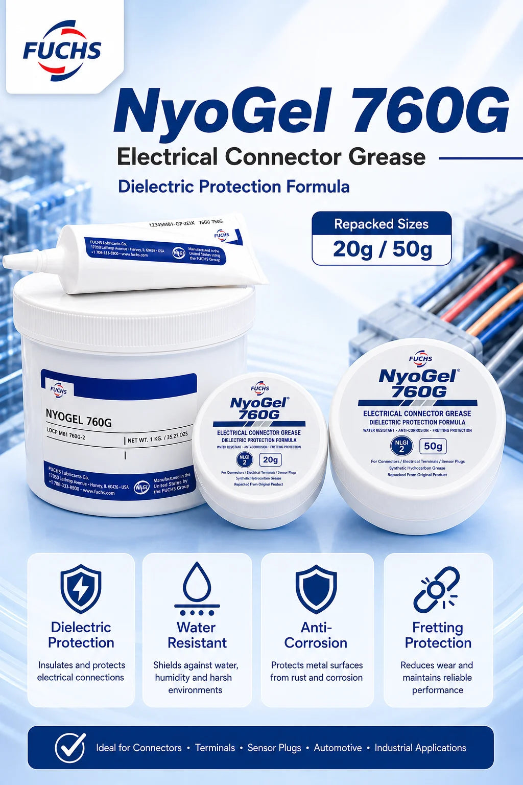 NyoGel 760G Grasso per Connettori Elettrici, Lubrificante Dielettrico Anticorrosione per Terminali di Cablaggio Automobilistico e Spine per Sensori 20g 50g