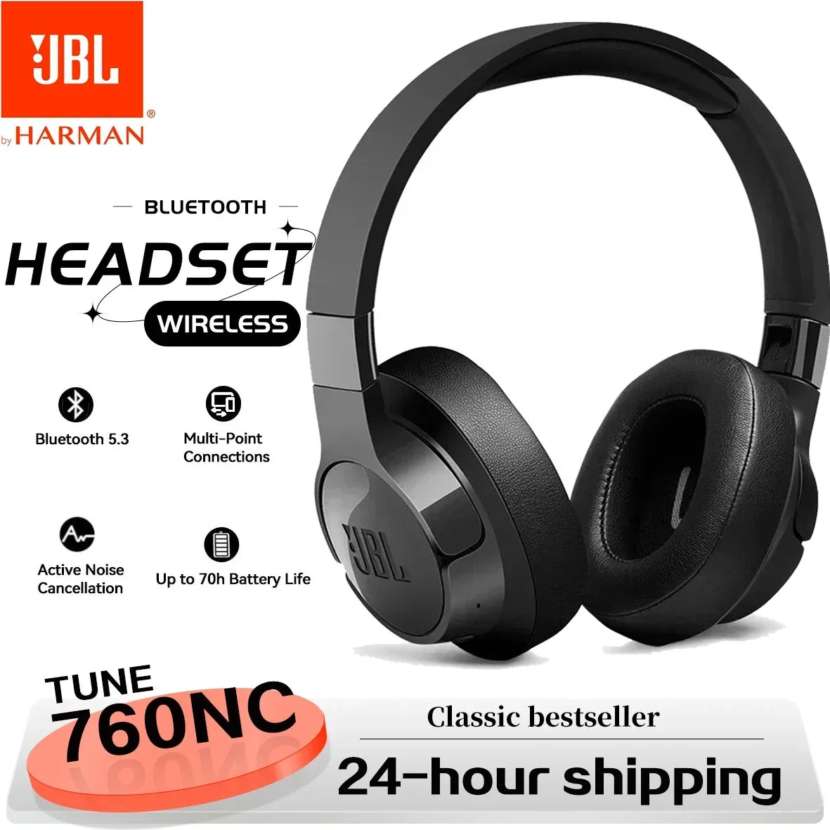 Cuffie wireless JBL Tune 760NC con tecnologia Bluetooth, cancellazione attiva del rumore, microfono integrato, ideali per il gaming.