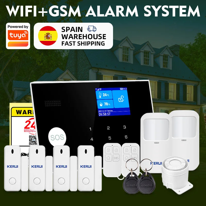 Sistema di Allarme KERUI WIFI GSM con Supporto per 3 Zone Cablate, Allarme Domestico Antifurto Compatibile con Tuya Smart, Sensore PIR 433MHz per Protezione di Sicurezza
