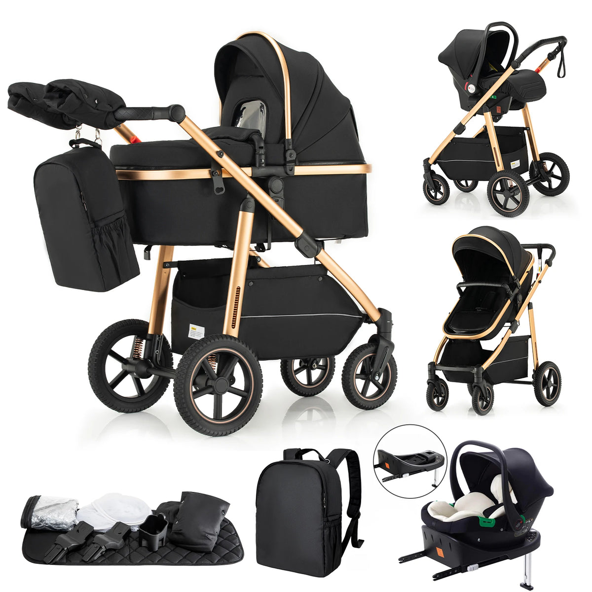 Passeggino 3 in 1 High Landscape per Neonati, Carrozzina Pieghevole Portatile di Lusso con Seggiolino Auto e Navicella da Viaggio
