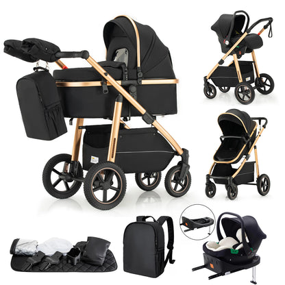 Passeggino 3 in 1 High Landscape per Neonati, Carrozzina Pieghevole Portatile di Lusso con Seggiolino Auto e Navicella da Viaggio