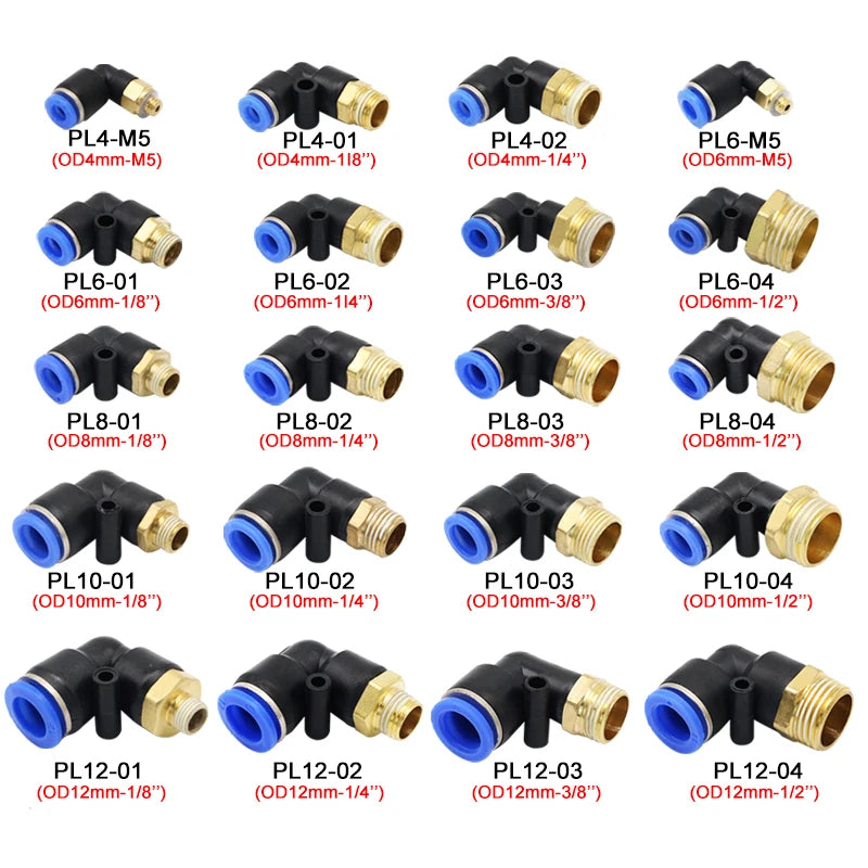 Set di 5 connettori pneumatici a gomito con filettatura maschio da 1/8', 1/4', 3/8', 1/2' per tubi dell'aria da 4/6/8/10/12 mm