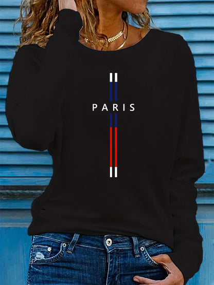 T-shirt da donna in 100% puro cotone, ideale per la primavera e l’autunno, comoda, casual, a maniche lunghe, con stampa grafica a tema parigino e scollo rotondo.