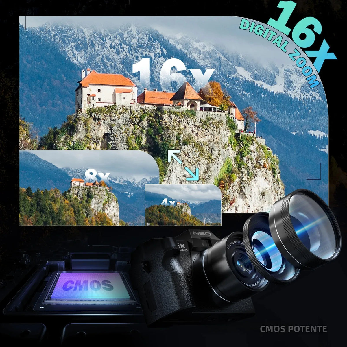 Fotocamera digitale NBD 5K 64MP, 180 ° Fotocamera per Vlogging con Schermo Ribaltabile, Anti-Shake, Zoom 16X, WiFi, Scheda TF da 64GB Inclusa