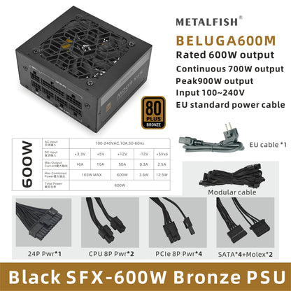 METALFISH SFX 80Plus Bronzo 500/600W PSU Nero Alimentatore Full-Modular per Mini ITX Chassis Piccolo Computer Case Ingresso 100/240V