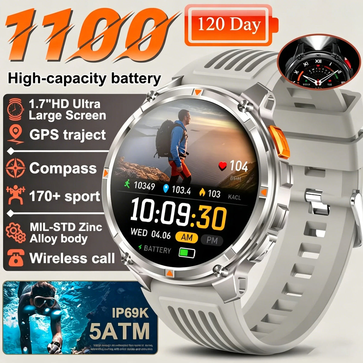 Nuovo Smartwatch T-REX3 Ultra con Batteria da 1100mAh, Impermeabile 10ATM, GPS, Bussola, Torcia, Display AMOLED HD da 1.7'', Chiamate, Orologio Sportivo Intelligente per Uomo