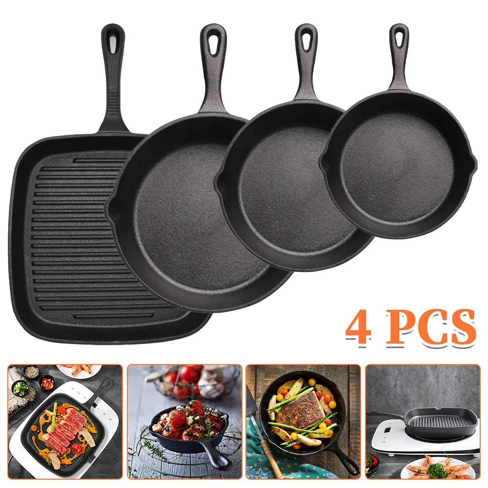 Set di 4 Padelle in Ghisa Antiaderenti Pretrattate per Cucinare e Friggere