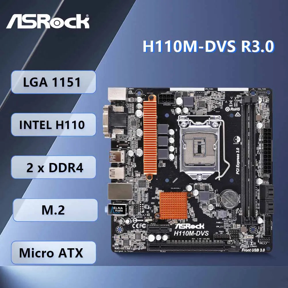 Scheda madre ASROCK H110M-DVS R3.0, socket Intel H110 1151, 2 x DDR4 32GB, formato Micro ATX, compatibile con CPU I5-7500, I5-6500, I3-7100, G4600