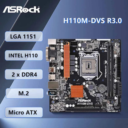 Scheda madre ASROCK H110M-DVS R3.0, socket Intel H110 1151, 2 x DDR4 32GB, formato Micro ATX, compatibile con CPU I5-7500, I5-6500, I3-7100, G4600