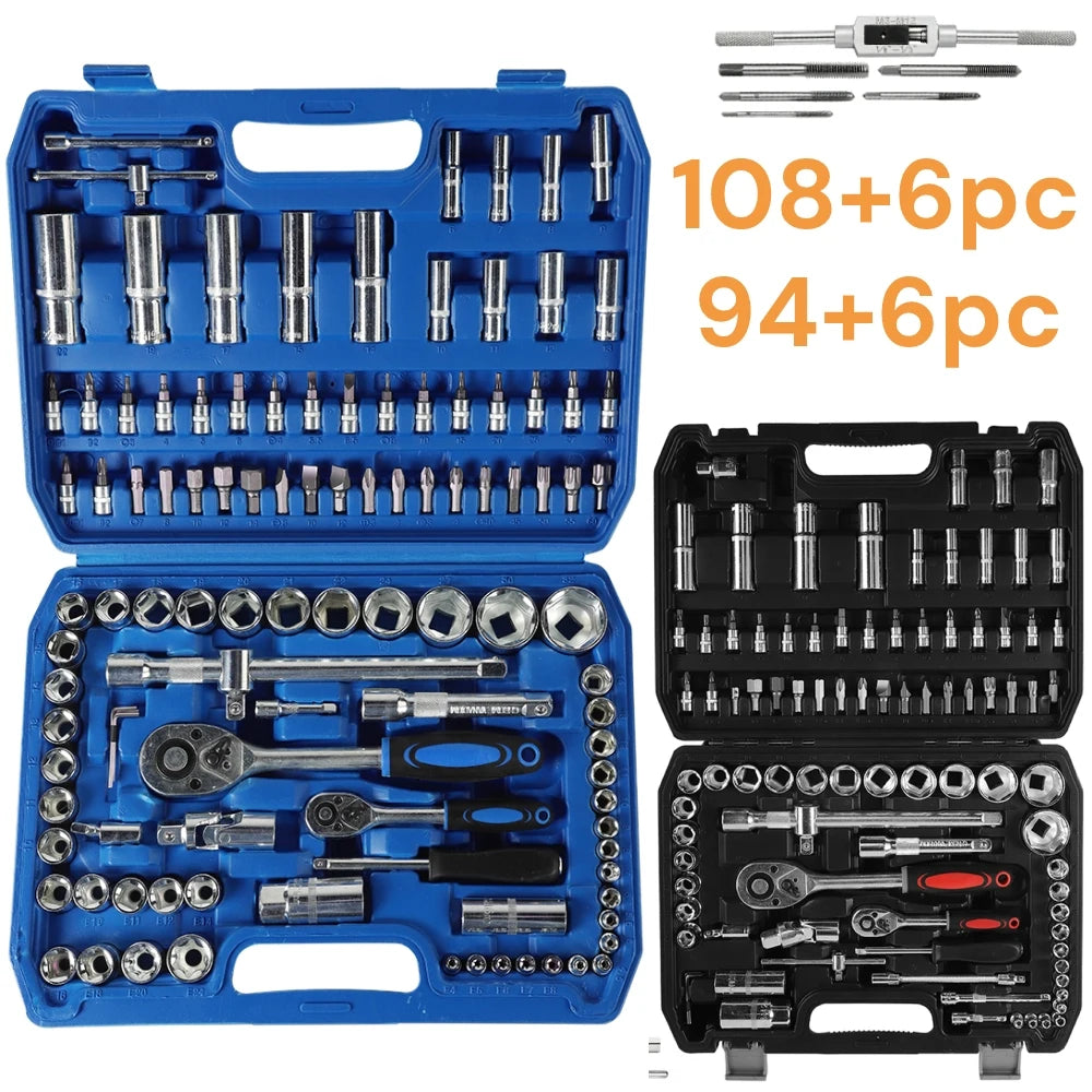 Set di chiavi a cricchetto e bussole da 114 pezzi/100 pezzi, kit di attrezzi per la riparazione di auto, set di chiavi a cricchetto da 1/4" e 1/2", combinazione di chiavi a cricchetto e chiavi dinamometriche, con maschi (M3,