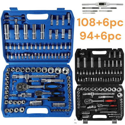 Set di chiavi a cricchetto e bussole da 114 pezzi/100 pezzi, kit di attrezzi per la riparazione di auto, set di chiavi a cricchetto da 1/4" e 1/2", combinazione di chiavi a cricchetto e chiavi dinamometriche, con maschi (M3,